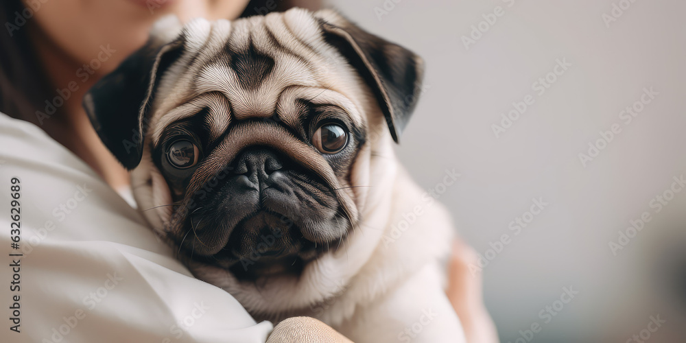 Female veterinarian doctor with stethoscope holding cute pug dog puppy in veterinary clinic, blurred background, copy space, close-up.