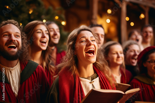 A joyful group of people singing festive songs and hymns  photo