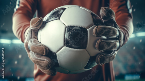 Foto goalkeeper holding a soccer ball in his hands close-up