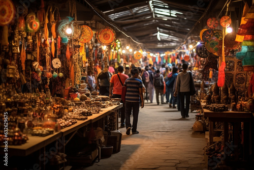 A vibrant bazaar filled with stalls selling traditional crafts and artworks 