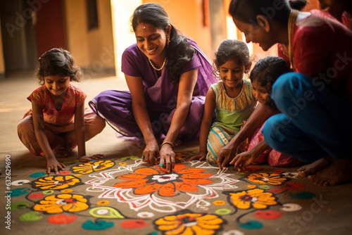 A family adorning their doorstep with a colorful rangoli design 