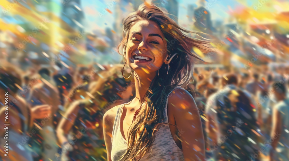 happy smiling woman with long hair dancing in a disco close-up, illustration in abstract impressionism style. Generative AI. happy smiling woman with long hair dancing in a disco close-up, illustration in abstract impressionism style. Generative AI.
