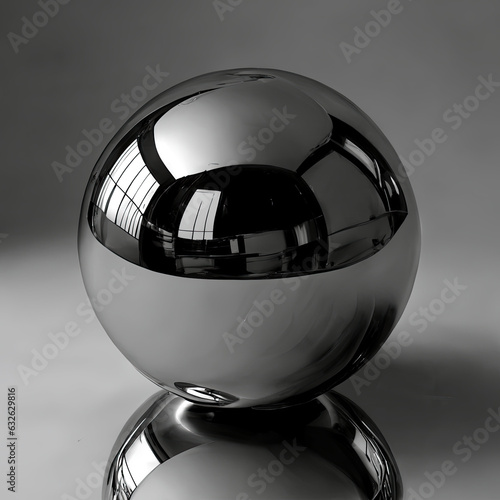 A shiny polished metal ball rests on a flat surface. The interior is reflected on the surface of the ball.