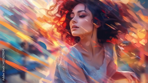 portrait of a young woman on a sunny day against a bright abstract background, illustration in abstract impressionism style. Generative AI. © PETR BABKIN