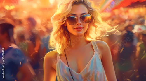 young beautiful blonde woman in sunglasses walks in the market on a sunny day, illustration in abstract impressionism style. Generative AI.