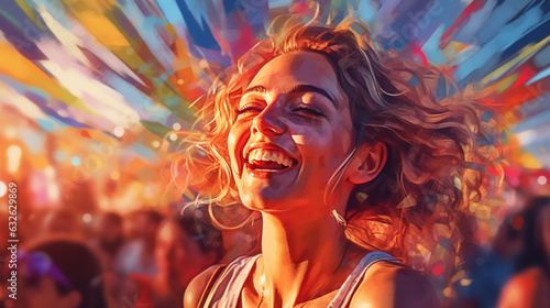 happy smiling young woman at the disco close-up, illustration in abstract impressionism style. Generative AI.