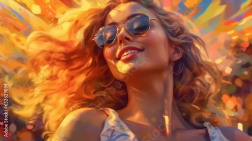 beautiful young woman in sunglasses dancing at a disco close-up, illustration in abstract impressionism style. Generative AI.