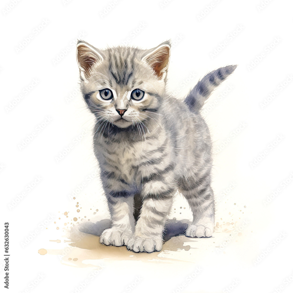 British shorthair kitten. Stylized watercolour digital illustration of a cute cat with big blue eyes.