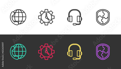 Set line Telephone 24 hours support, Time Management, Headphones and Shield on black and white. Vector