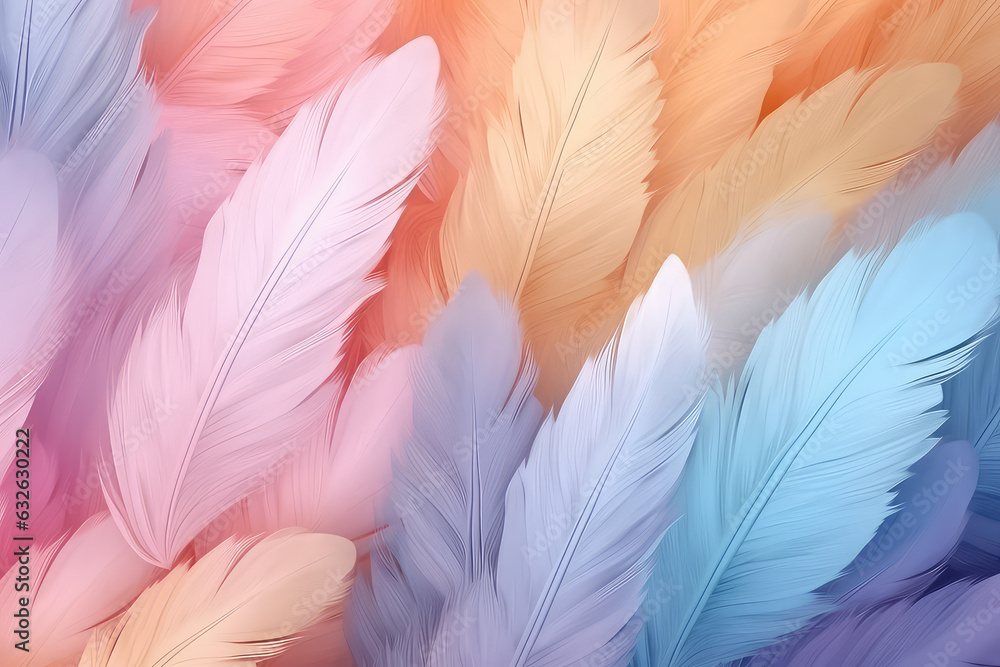 Fototapeta premium Pastel colour feather abstract background wallpaper. Many multicolored feathers in pastel light colors palette.