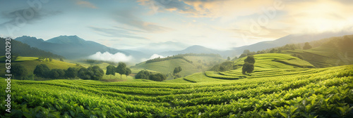 tea plantation at dawn. Generative Ai.