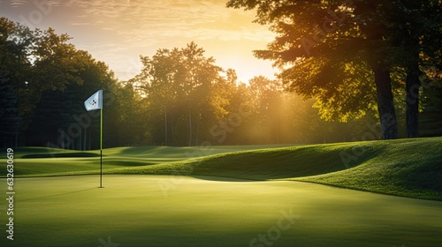 golf course green with flag sunrise generative AI photo