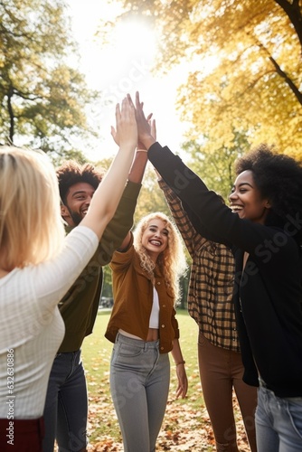 shot of a young group of friends high fiving together at a park photo