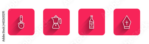 Set line Pizza knife, Coffee moca pot, Bottle wine and Pope hat with long shadow. Red square button. Vector