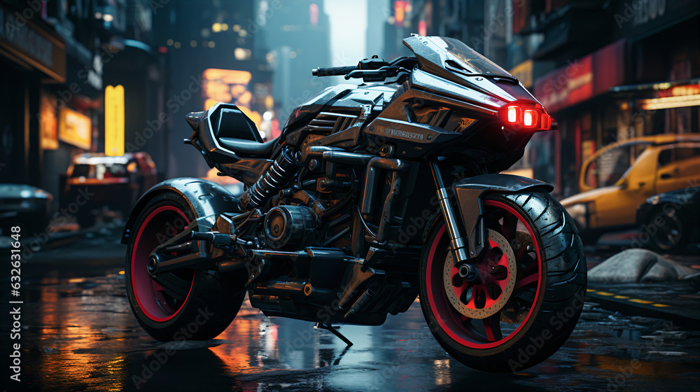 Motorcycle in the street of a futuristic city, cyberpunk