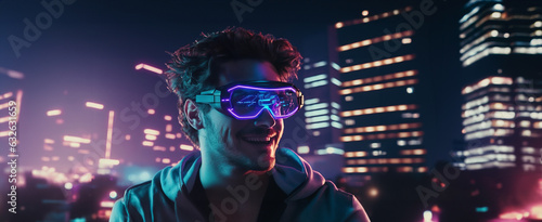A guy wearing VR glasses. Neon lights, glowing windows of tall towers, huge buildings in the night. Modern futuristic cityscape in the background. Image design made using Generative AI