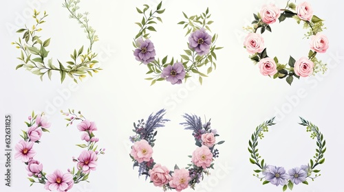 hand-drawn floral wreaths isolated on white generative AI #632631825