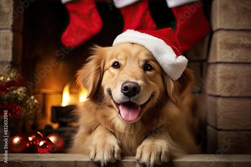 dog sitting in front of a fireplace with Christmas stockings , allow copy space, christmas banner