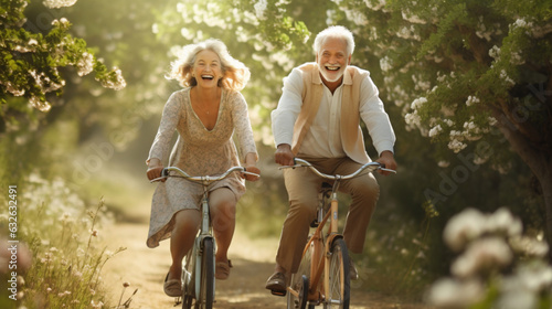 Happy mature couple riding bicycles in park. Active lifestyle. photo