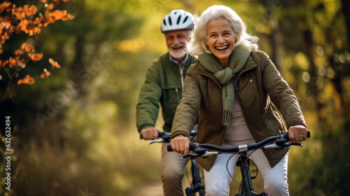 Happy mature couple riding bicycles in park. Active lifestyle.