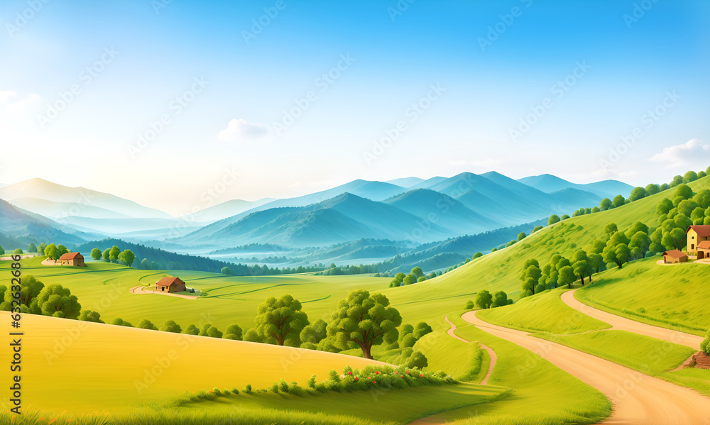 Spring landscape morning in village with green meadow on hills, orang and blue sky, Spring panorama view, Countryside, green field, wild flowers and sunset. Illustration style. Spring landscape morning in village with green meadow on hills, orang and blue sky, Spring panorama view, Countryside, green field, wild flowers and sunset. Illustration style.