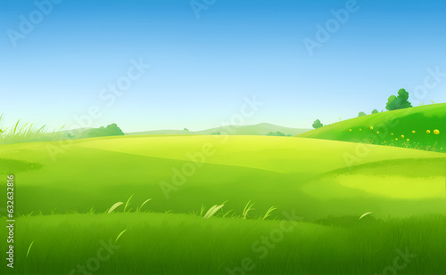 Spring landscape morning in valley with green meadow on hills, blue sky, Spring panorama grass land view , Countryside with green, Illustration style.