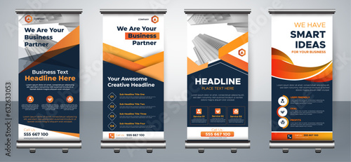 Set of Business Roll Up banner design template. Corporate standing banner with space for photos. vector