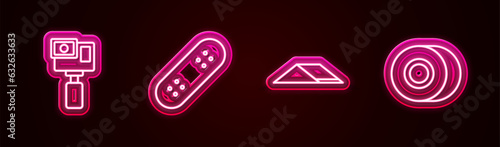 Set line Action camera, Skateboard, park and wheel. Glowing neon icon. Vector