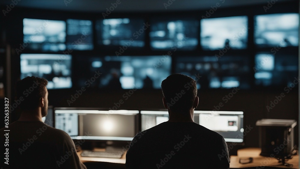 Men seen from behind in front of computers in semi-darkness. Men seen from behind in front of computers in semi-darkness.
