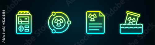 Set line Dosimeter, Radioactive, Radiation warning document and waste barrel. Glowing neon icon. Vector