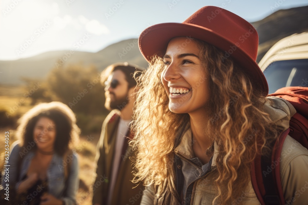 young adult woman traveling, hiking along a small river in tropical nature with other tourists or friends and local people, fictional place. Generative AI. young adult woman traveling, hiking along a small river in tropical nature with other tourists or friends and local people, fictional place. Generative AI.