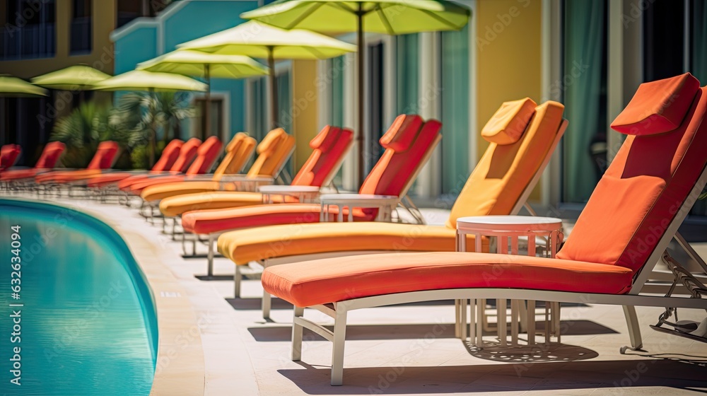lined up chaise lounge chairs on resort pool deck generative AI