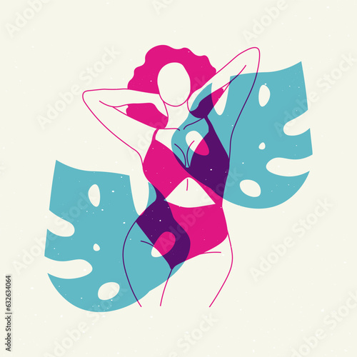 Risograph stylized girl. Abstract curvy woman with colorful riso printing effect for poster, logo, t-shirt design. Vector art