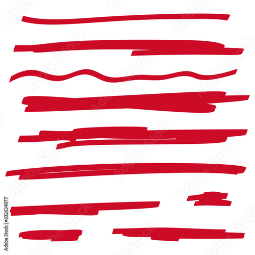 Red highlighter marker strokes. Vector brush pen underline lines.