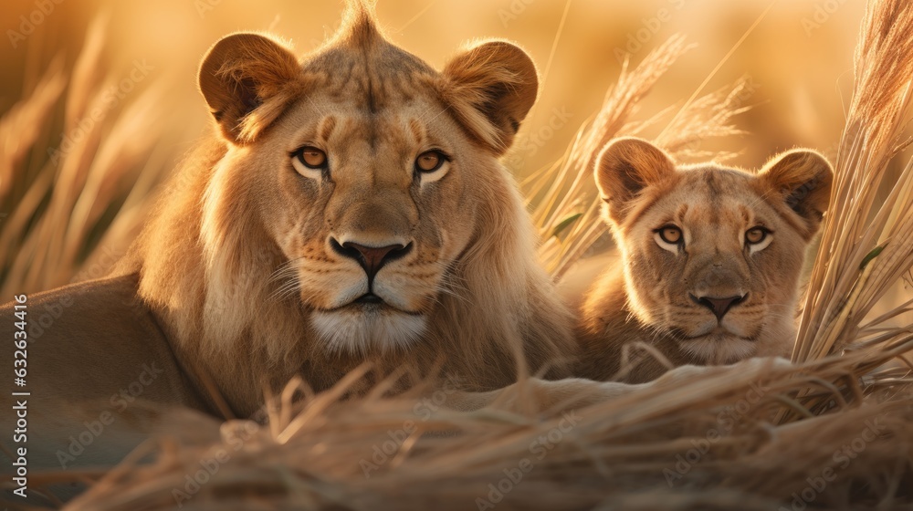 lion pride relaxing in tall grass generative AI
