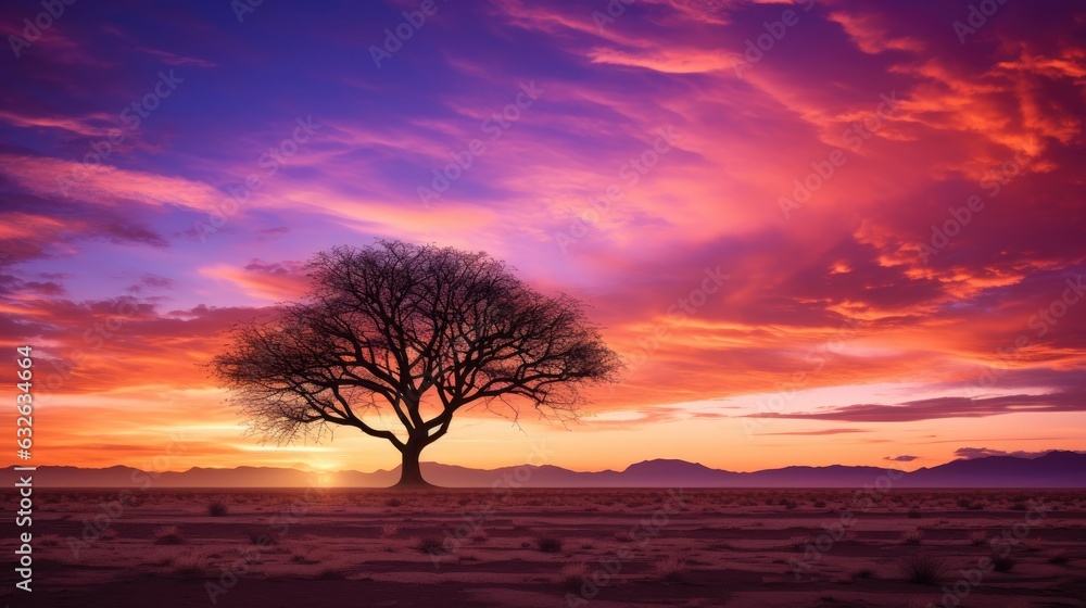 lone tree silhouetted against sunset orange and purple sky arizona sonoran desert landscape panoramic southwest generative AI