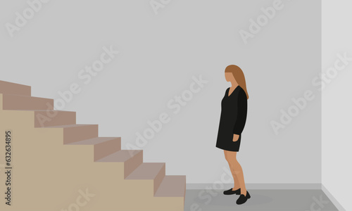 Female character stands in front of stairs indoors
