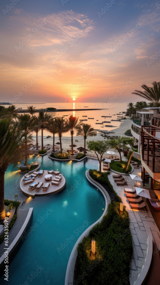 Hôtel de luxe au bord de mer avec piscine et palmiers au moment du coucher de soleil sur la plage