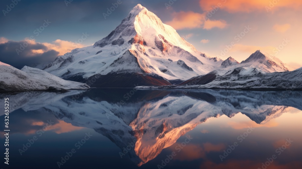 majestic snow-capped mountain reflecting in lake generative AI