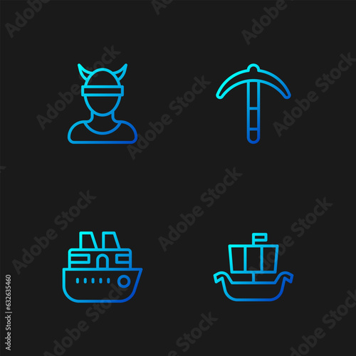 Set line Viking ship Drakkar, Cruise, head and Pickaxe. Gradient color icons. Vector