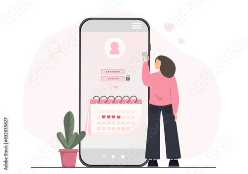 Mobile app with personal period calendar, calendar for menstruation control and pregnancy planning, woman with mobile phone scheduling period with marked days, women cycle tracker, vector illustration