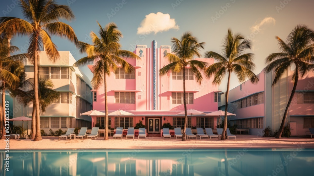 Obraz premium miami palm trees and art deco hotels on beach generative AI