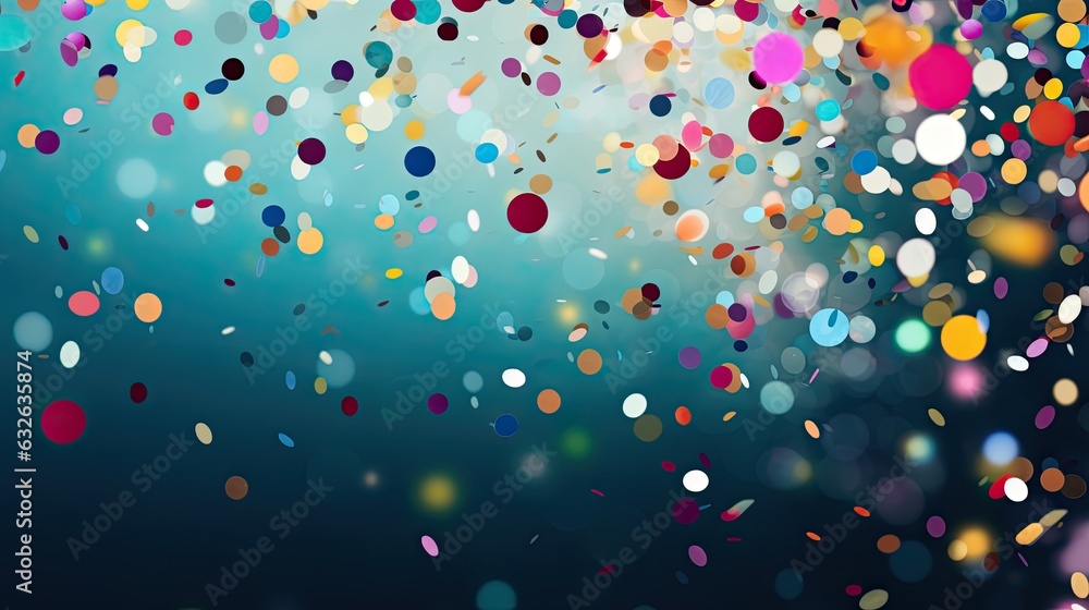Vibrant, shiny round confetti takes flight, enveloping the scene with an aura of celebration at a holiday party. The confetti particles create a lively backdrop that's just right for advertising