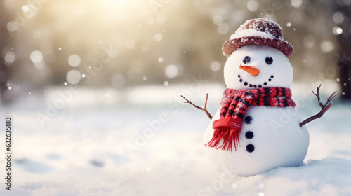 Snowman standing in christmas landscape, Merry christmas and happy new year greeting card background
