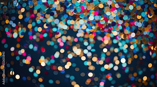 A dynamic display of colorful, shiny round confetti in flight creates an energetic ambiance for a holiday celebration party. The airborne particles add an element of joy