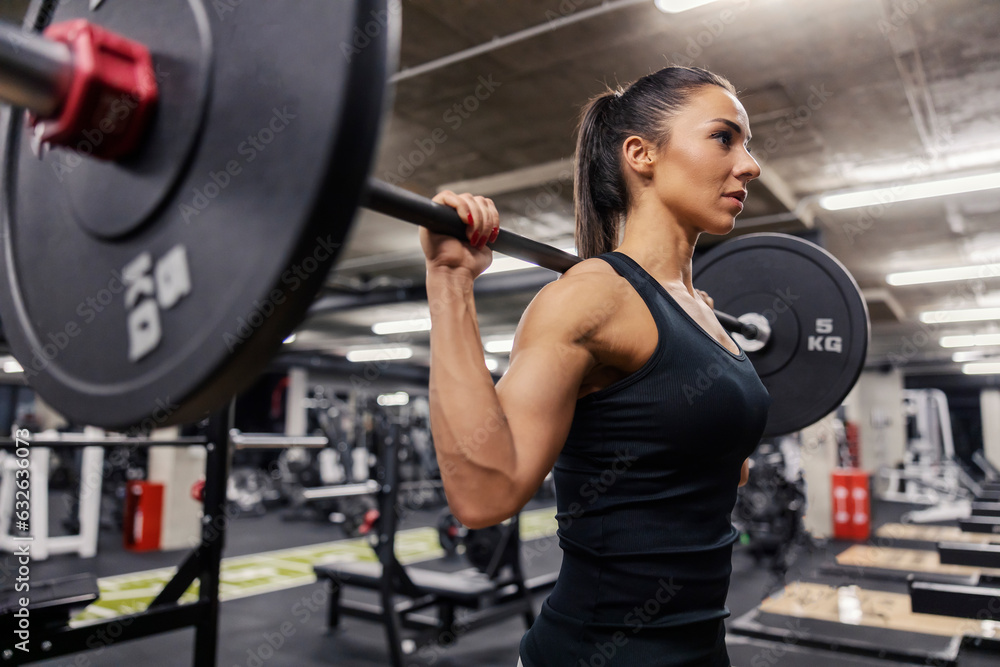 A strong woman is doing exercises with barbell in a gym for her biceps and shoulders. A strong woman is doing exercises with barbell in a gym for her biceps and shoulders.