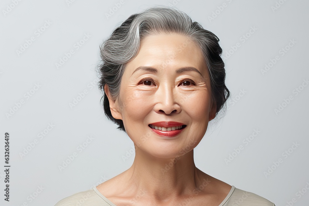 Close-up portrait of a stylish beautiful Asian woman in her 50s. Skin care concept. Luxurious middle-aged woman with a short gray hairdo looks at the camera.