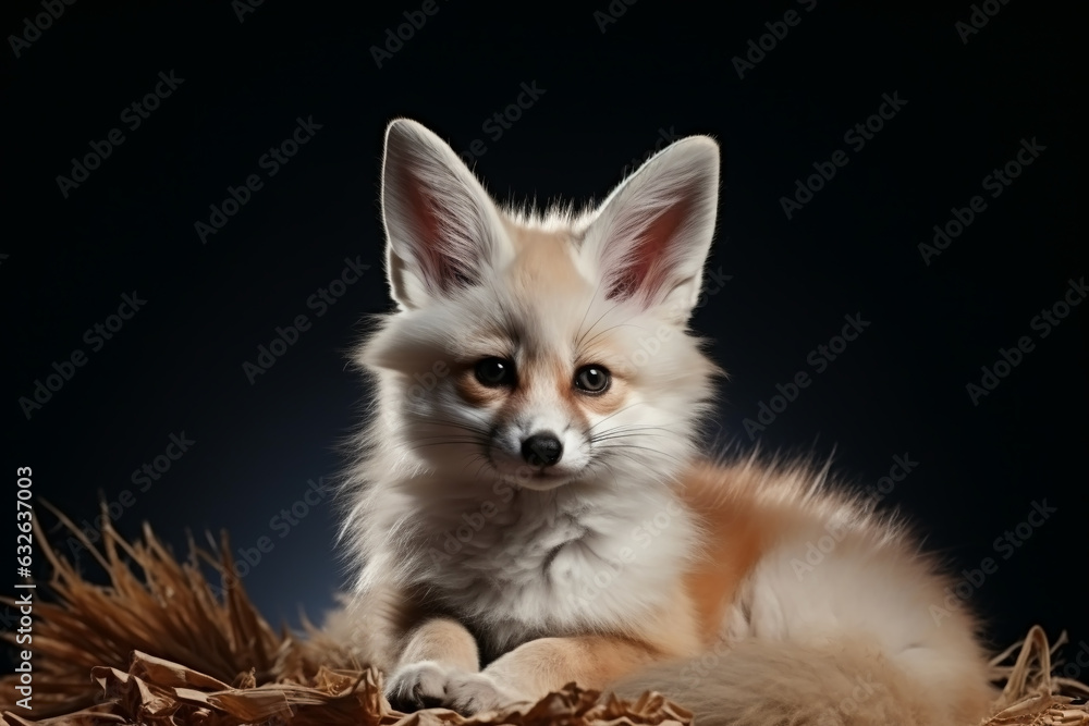 Cute Fennec fox staring background black.