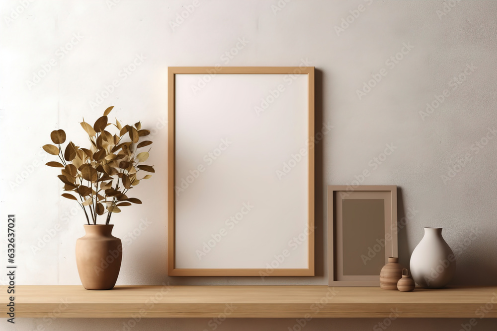 Sunny kitchen countertop and a blank picture frame on the wall. (Generative AI) Sunny kitchen countertop and a blank picture frame on the wall. (Generative AI)