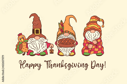 Fall Thanksgiving design with gnomes. Autumn greeting card, print, invitation etc. Cute scandinavian gnome Tomte and turkey bird. Adorable characters whimsical and funny. Happy Thanksgiving text .